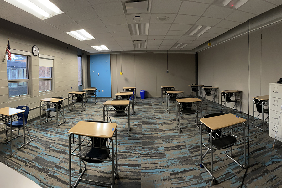 Mr. Grimes history classroom, ready for hybrid instruction.