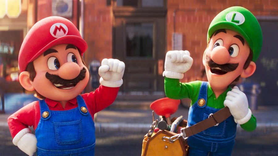 The famous plumbing brothers bump fists to kick off The Super Mario Bros Movie.