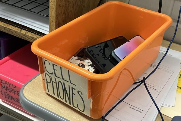 Katherine Innes is one of several teachers who have taken to collecting their students phones in buckets instead of hanging pockets.