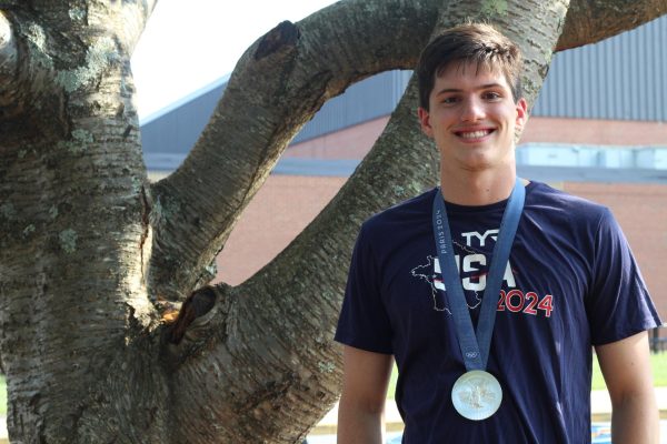 Heilman showcases his Olympic Hardware during his interview with Wiegard.